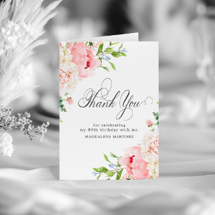 80th Birthday Blush Pink Peony Floral Folded Thank You Card