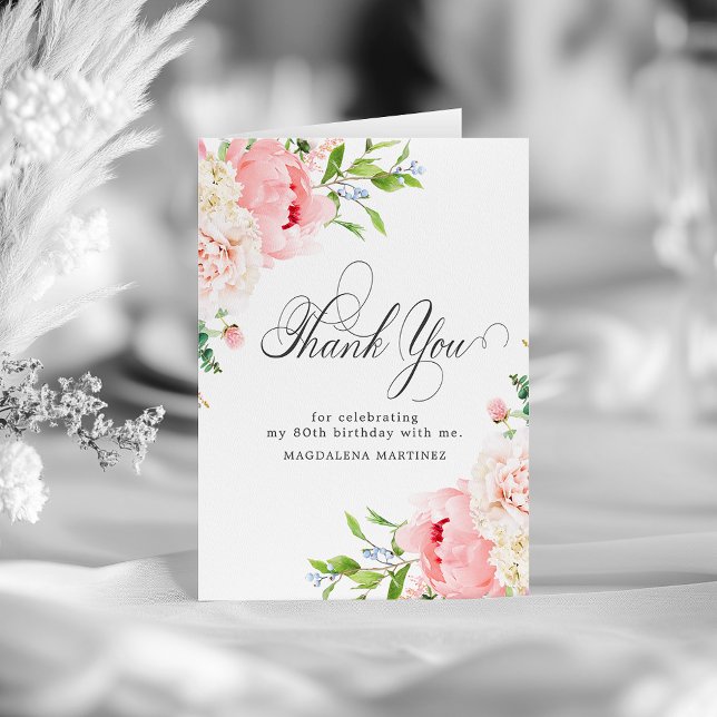 80th Birthday Blush Pink Peony Floral Folded Thank You Card (Creator Uploaded)