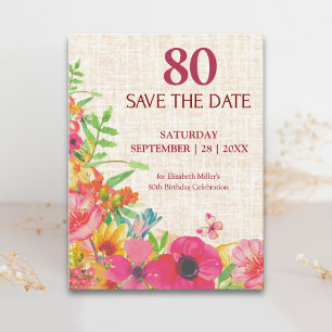 80th Birthday Bold Floral Linen Save The Date Announcement Postcard