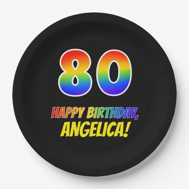 80th Birthday: Bold, Fun, Simple, Rainbow 80 Paper Plate (Front)