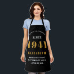 80th Birthday Born 1941 Black Gold Lady's Apron<br><div class="desc">A personalised classic black apron design for that birthday celebration for somebody born in 1941 and turning 80. Add the name to this vintage retro style black, white and gold design for a custom 80 birthday gift. Easily edit the name and year with the template provided. A wonderful custom birthday...</div>