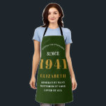 80th Birthday Born 1941 Green Gold Lady's Apron<br><div class="desc">A personalised classic green apron design for that birthday celebration for somebody born in 1941 and turning 80. Add the name to this vintage retro style green, white and gold design for a custom 80 birthday gift. Easily edit the name and year with the template provided. A wonderful custom birthday...</div>
