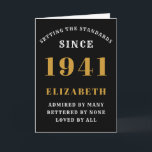 80th Birthday Born 1941 Loved Add Your Name Black Card<br><div class="desc">For those born in 1941 and celebrating their 80th birthday we have the ideal birthday greeting card. The black background with a white and gold design is simple and yet elegant. Easily customise the text to the front and the interior of this birthday card using the template provided. Part of...</div>