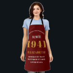 80th Birthday Born 1941 Red Gold Lady's Apron<br><div class="desc">A personalised classic red apron design for that birthday celebration for somebody born in 1941 and turning 80. Add the name to this vintage retro style red, white and gold design for a custom 80 birthday gift. Easily edit the name and year with the template provided. A wonderful custom birthday...</div>
