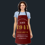 80th Birthday Born 1941 Red Gold Lady's Apron<br><div class="desc">A personalised classic red apron design for that birthday celebration for somebody born in 1941 and turning 80. Add the name to this vintage retro style red, white and gold design for a custom 80 birthday gift. Easily edit the name and year with the template provided. A wonderful custom birthday...</div>