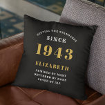 80th Birthday Born 1943 Loved Add Your Name Black Cushion<br><div class="desc">Celebrate a milestone in style with a custom 80th Birthday gift they will treasure forever! This luxurious throw pillow is personalised with the name and year of your special someone, making this a one-of-a-kind gift. Bring a room to life with this classic piece and honour their milestone with love. Let's...</div>