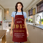 80th Birthday Born 1943 Red Gold Lady's Apron<br><div class="desc">A personalised classic blue apron design for that birthday celebration for somebody born in 1943 and turning 80. Add the name to this vintage retro style blue, white and gold design for a custom 80 birthday gift. Easily edit the name and year with the template provided. A wonderful custom birthday...</div>