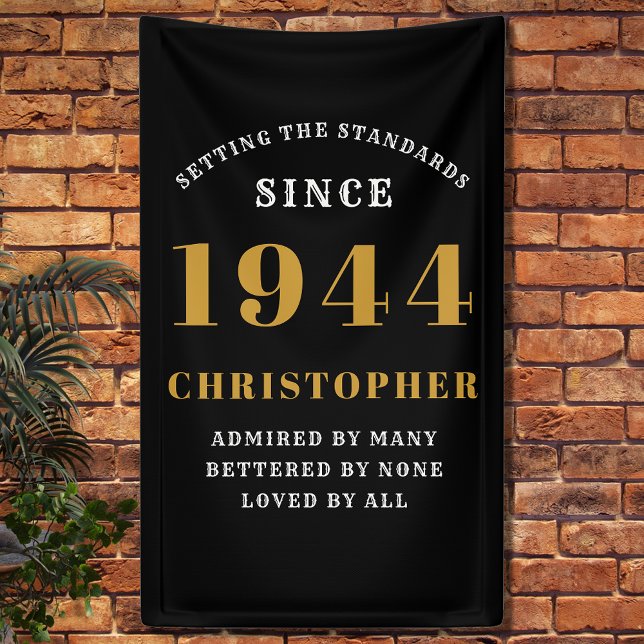 80th Birthday Born 1944 Add Name Black Gold Banner (80th Birthday Party Wall Banner - Customizable Black and Gold Decorative Piece.)