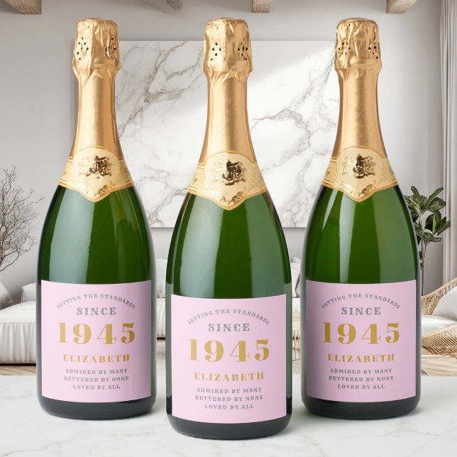 80th Birthday Born 1945 Add Name Pink Grey Sparkling Wine Label (Custom 80th birthday pink sparkling wine labels on 3 wine bottles)