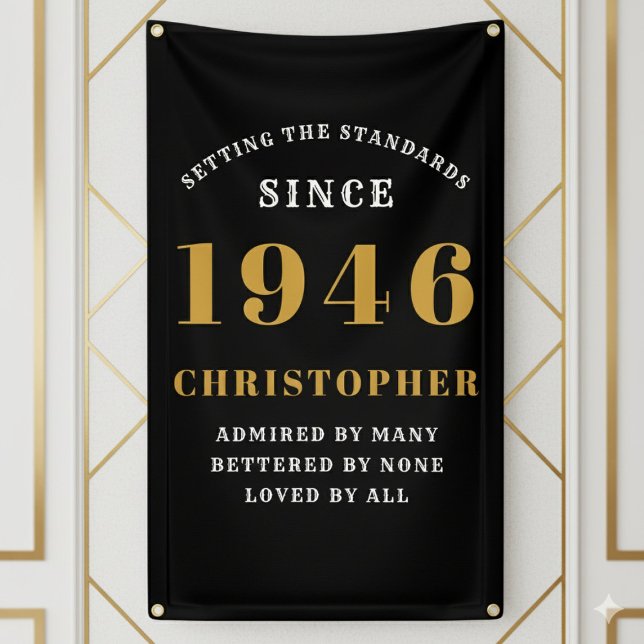 80th Birthday Born 1946 Add Name Black Gold Banner (1946 Wall Banner. White and gold background.)