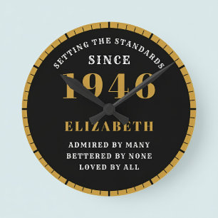 80th Birthday Born 1946 Black Gold Round Clock