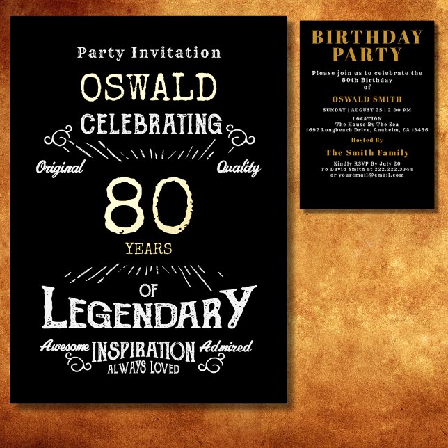 80th Birthday Born Legendary Black Gold Retro (For those celebrating their 80th birthday we have the ideal gold foil birthday party invitation.)