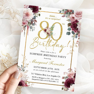 80th Birthday Burgundy Blush Floral Gold Glitter  Invitation