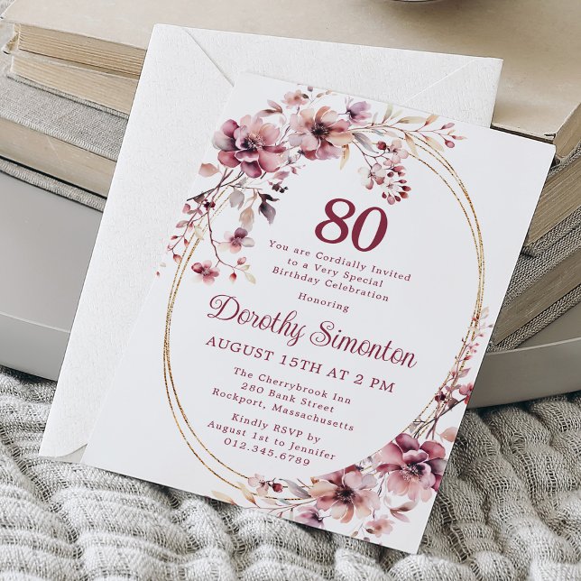 80th Birthday Burgundy Blush Pink Wildflower Invitation (Creator Uploaded)