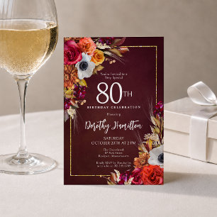 80th Birthday Burgundy Fall Flowers Elegant Script Invitation