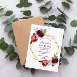 80th birthday burgundy floral gold invitation postcard<br><div class="desc">On front: An invitation for an elegant 80th birthday party. A chic white background with a faux gold geometric frame. Decorated with dark burgundy and pink watercolored flowers, roses and boho style feathers. Templates for a name and party details. The name is written with a hand lettered style script, burgundy...</div>