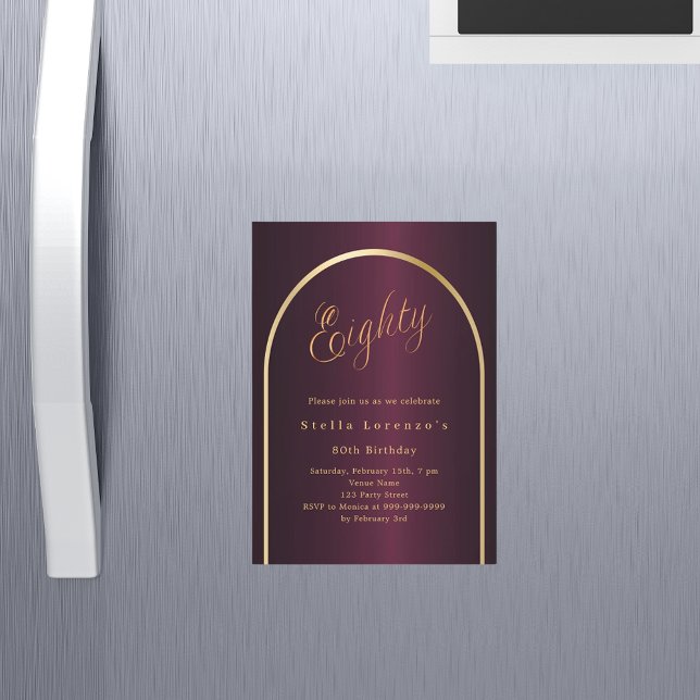 80th birthday burgundy gold arch script luxury magnetic invitation (Creator Uploaded)