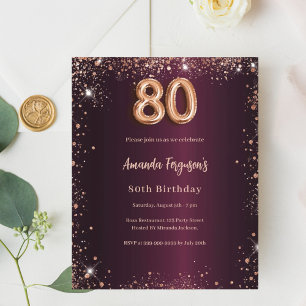 80th birthday burgundy gold invitation