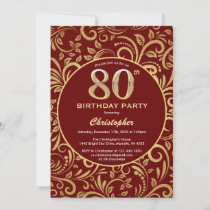 80th Birthday Burgundy Red and Gold Floral Pattern Invitation