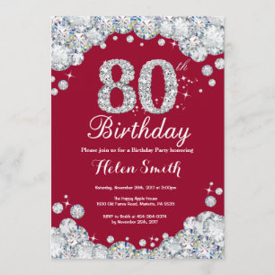 80th Birthday Burgundy Red and Silver Diamond Invitation