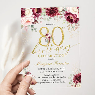 80th Birthday Burgundy Rose Floral Gold Glitter Acrylic Invitations