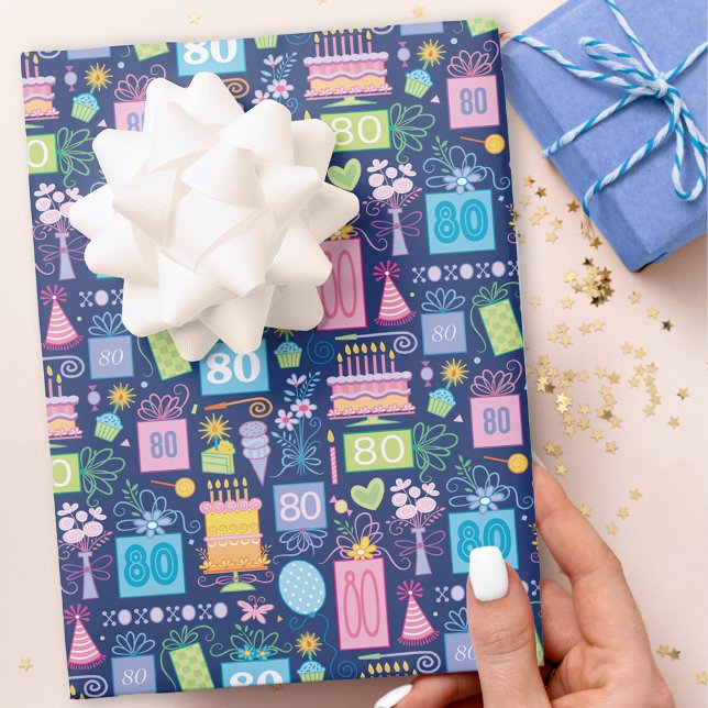 80th Birthday Cake Presents Balloons Blue Wrapping Paper Sheet (Creator Uploaded)