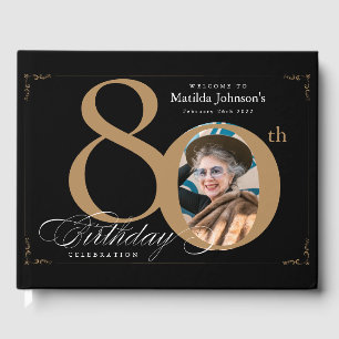 80th Birthday Calligraphy Gold Black Custom Photo Guest Book