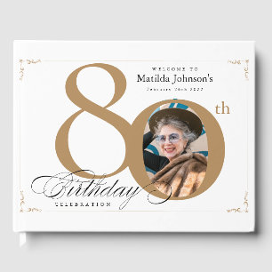 80th Birthday Calligraphy Gold White Custom Photo Guest Book