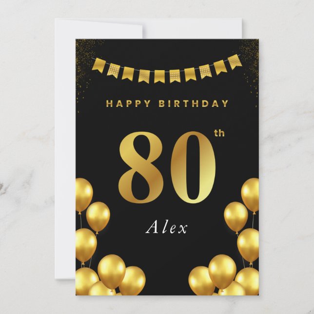 80th Birthday Card Black and Gold Balloons (Front)
