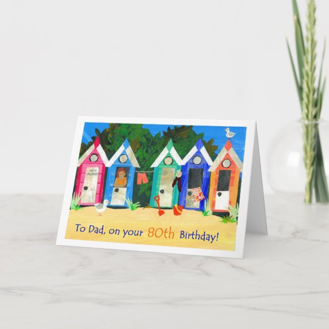80th Birthday Card for a Father - Beach Huts (Front)