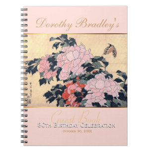 80th Birthday Celebration Butterfly Peonies Guest Spiral Notebook
