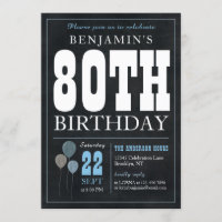 80th Birthday Chalkboard Blue Balloon Rustic Chic