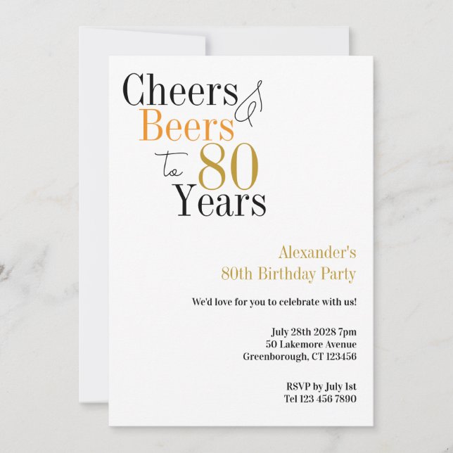 80th Birthday Cheers and Beers Minimal Party Invitation (Front)