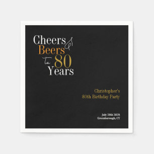 80th Birthday Cheers and Beers Party Black Gold Napkin