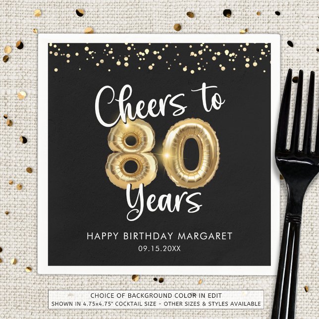 80th Birthday Cheers to 80 Years Black Gold Napkin (Creator Uploaded)
