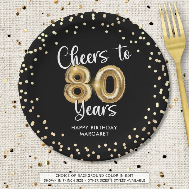 80th Birthday Cheers to 80 Years Black Gold Paper Plate (Creator Uploaded)
