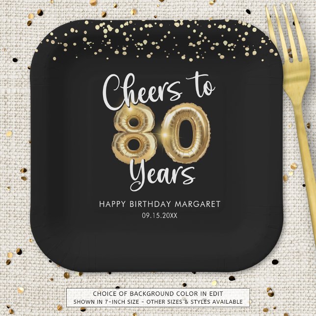 80th Birthday Cheers to 80 Years Black Gold Paper Plate (Creator Uploaded)
