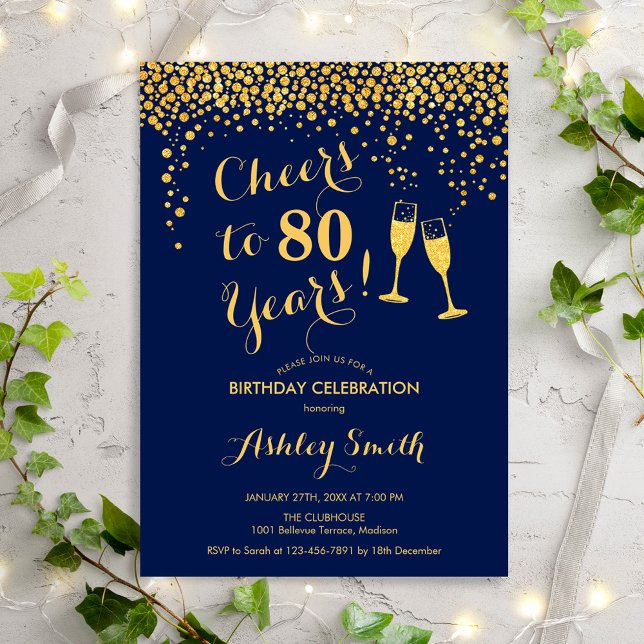 80th Birthday - Cheers To 80 Years Gold Navy Invitation (Creator Uploaded)