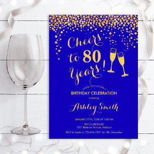80th Birthday - Cheers To 80 Years Gold Royal Blue Invitation