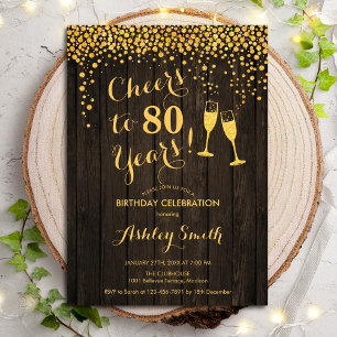 80th Birthday - Cheers To 80 Years Gold Wood Invitation