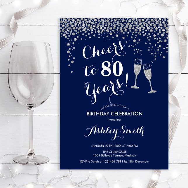 80th Birthday - Cheers To 80 Years Silver Navy Invitation (Creator Uploaded)