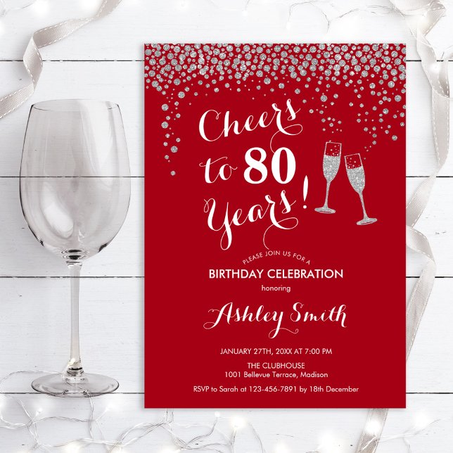 80th Birthday - Cheers To 80 Years Silver Red Invitation (Creator Uploaded)