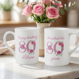 80th Birthday Cherished for 80 Years Floral Number Bone China Mug
