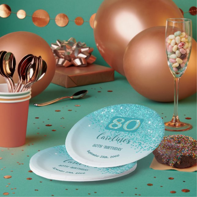 80th Birthday Chic Falling Teal Blue Glitter Paper Plate (Multi)