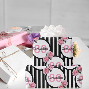 80th birthday chic pink roses black white stripes wrapping paper