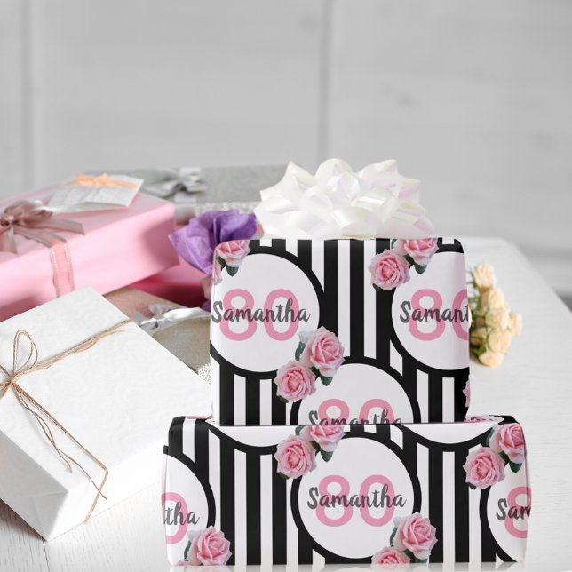 80th birthday chic pink roses black white stripes wrapping paper (Creator Uploaded)