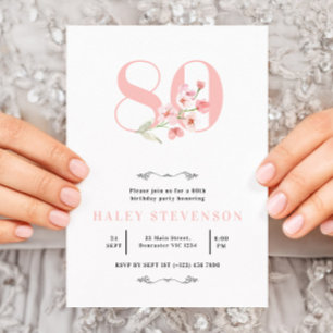 80th Birthday Chic Simple Pink & White Floral Invitation