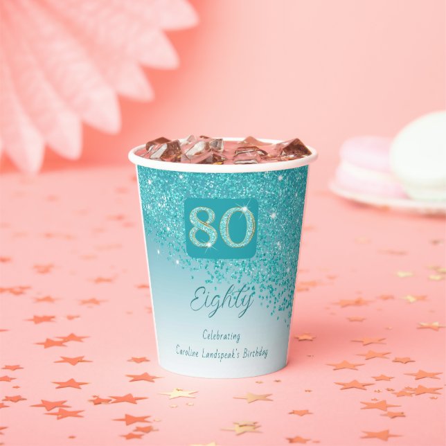 80th Birthday Classy Falling Teal Blue Glitter Paper Cups (Insitu)