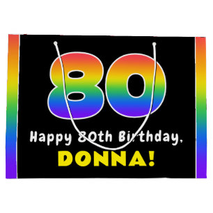 80th Birthday: Colorful Rainbow # 80, Custom Name Large Gift Bag