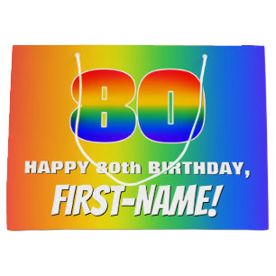 80th Birthday: Colourful, Fun Rainbow Pattern # 80 Large Gift Bag